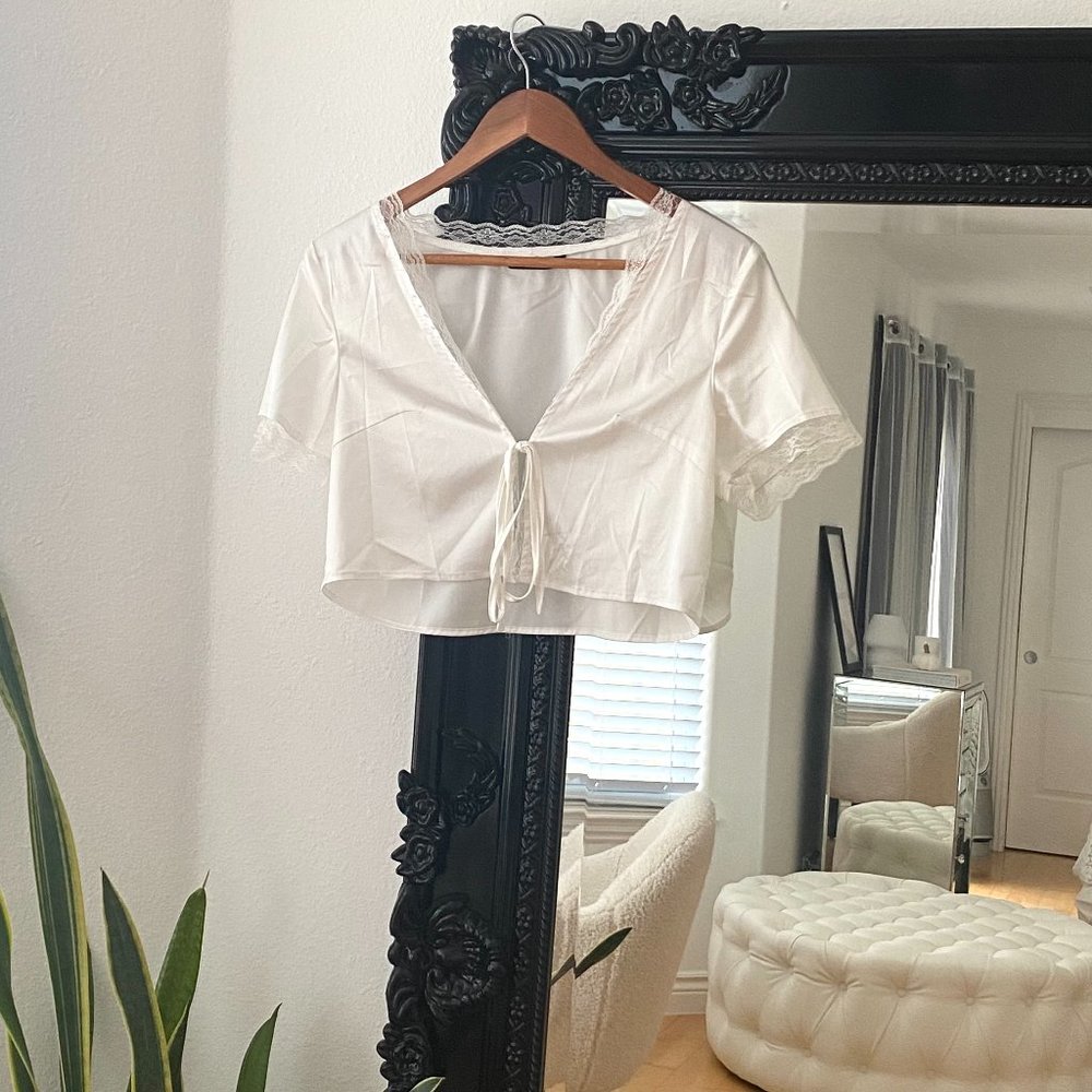 Shein | Women's White Satin Tie-Up Blouse Cropped Lace Shirt - Picture 3 of 6
